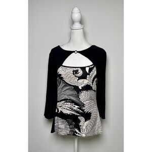 Linda Segal Women's Silk Graphic Cutout Top Blouse Black White Large Artsy Chic